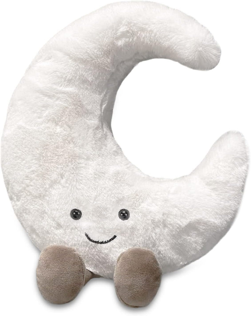 Fluffy white waning crescent moon with smiley face and grey feet