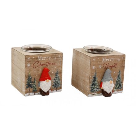 Two wooden candle holders with Christmas-themed designs featuring gnomes and trees on a white background.
