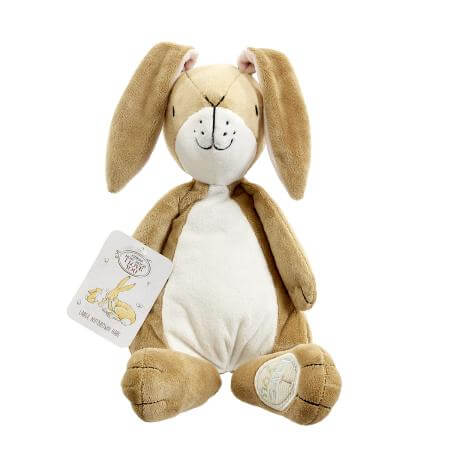 Stuffed toy rabbit with brown fur and a white belly and tail, and pink ears. 'I love you' embroidered on its left foot. 