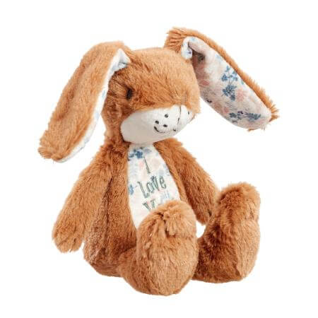 Rabbit stuffed toy with red/brown fur and floral patterned ears and belly with 'I Love You' embroidered on the belly. 