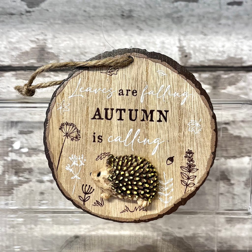 Wooden ornament with hedgehog and autumn text on a wooden background