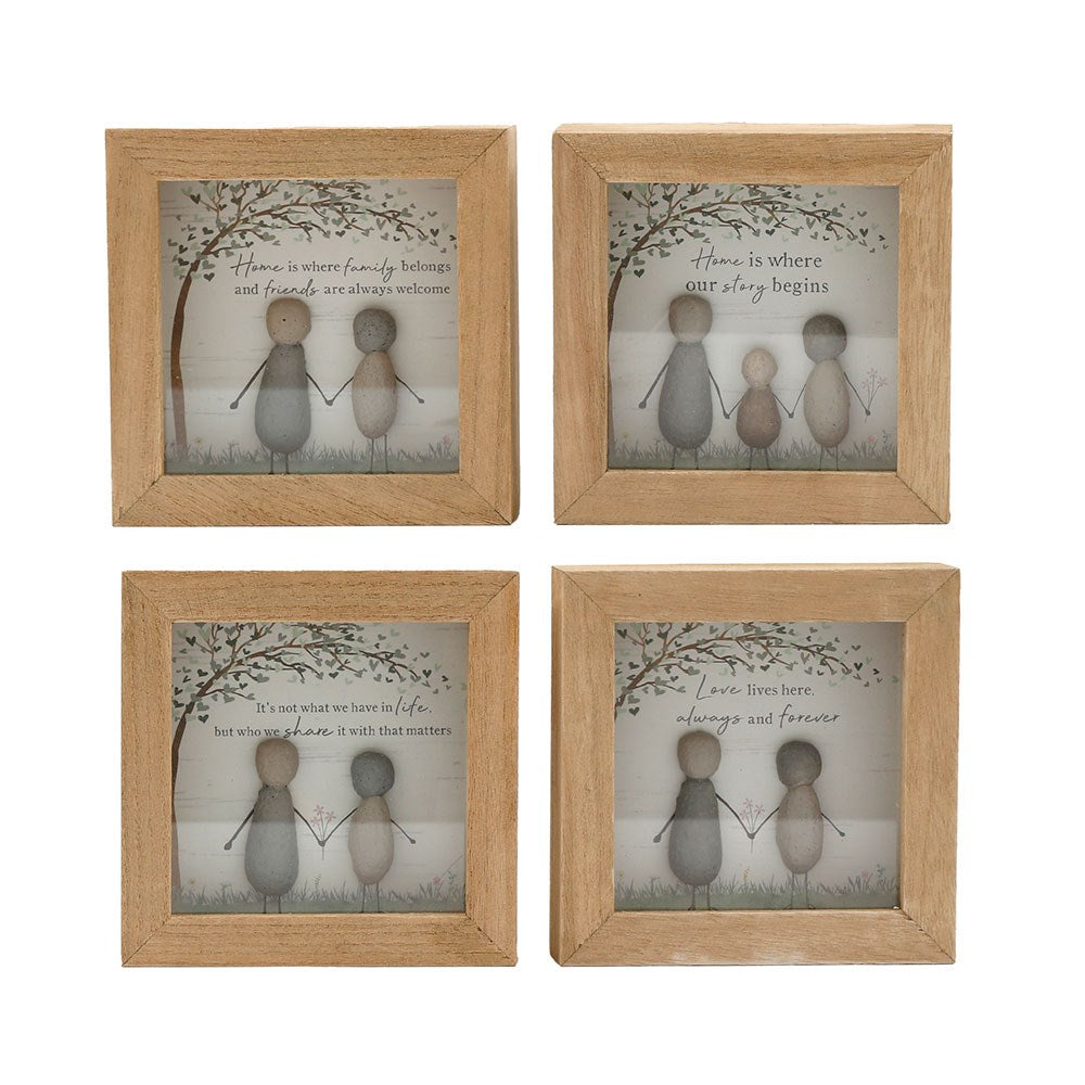 Four shadowbox plaques with two people inside made from two pebbles. Inside features a grass and tree background, and one of the assorted quotes above the people's heads. 