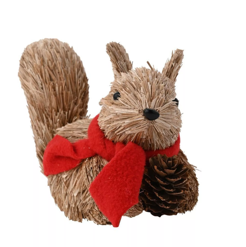 Decorative squirrel figurine with a red scarf on a white background