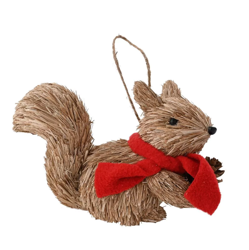 Squirrel ornament with a red scarf on a white background