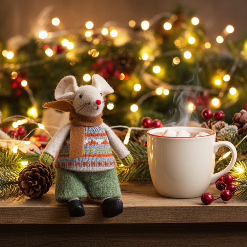 Stuffed mouse toy in a sweater next to a steaming mug with Christmas decorations in the background