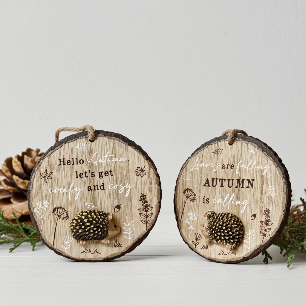 Two wooden circular decorations with autumn-themed text and hedgehog illustrations on a light background.