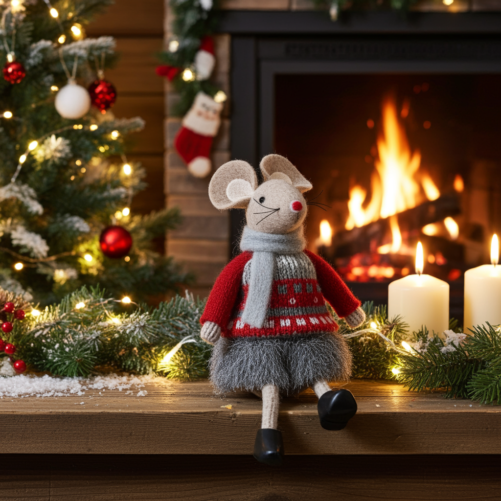 Fabric woodland mouse decoration in a knitted jumper and shorts in front of a blurred Christmas themed background 
