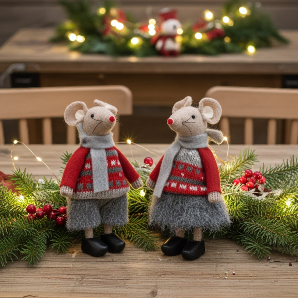 Two toy mice in Christmas sweaters on a festive background with lights and decorations.