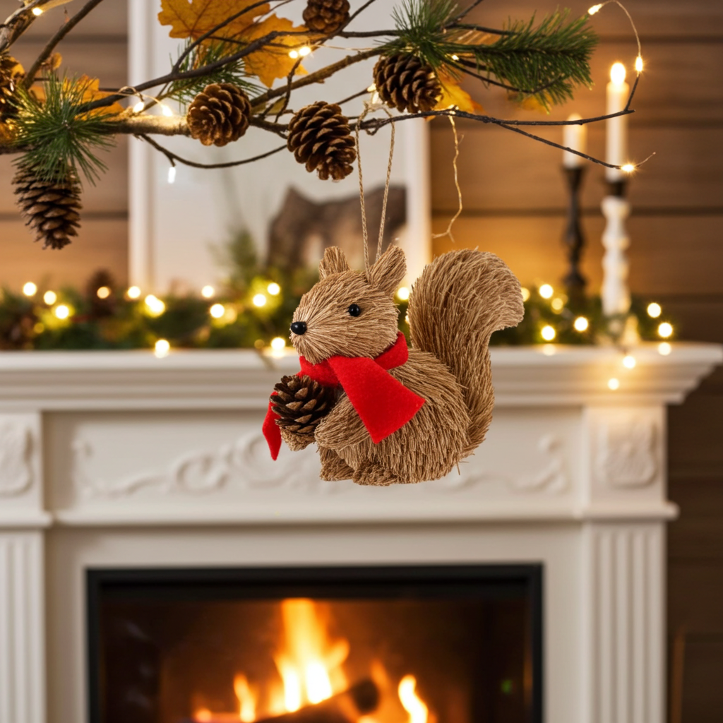 Decorative squirrel ornament with a red bow tie hanging in front of a fireplace.