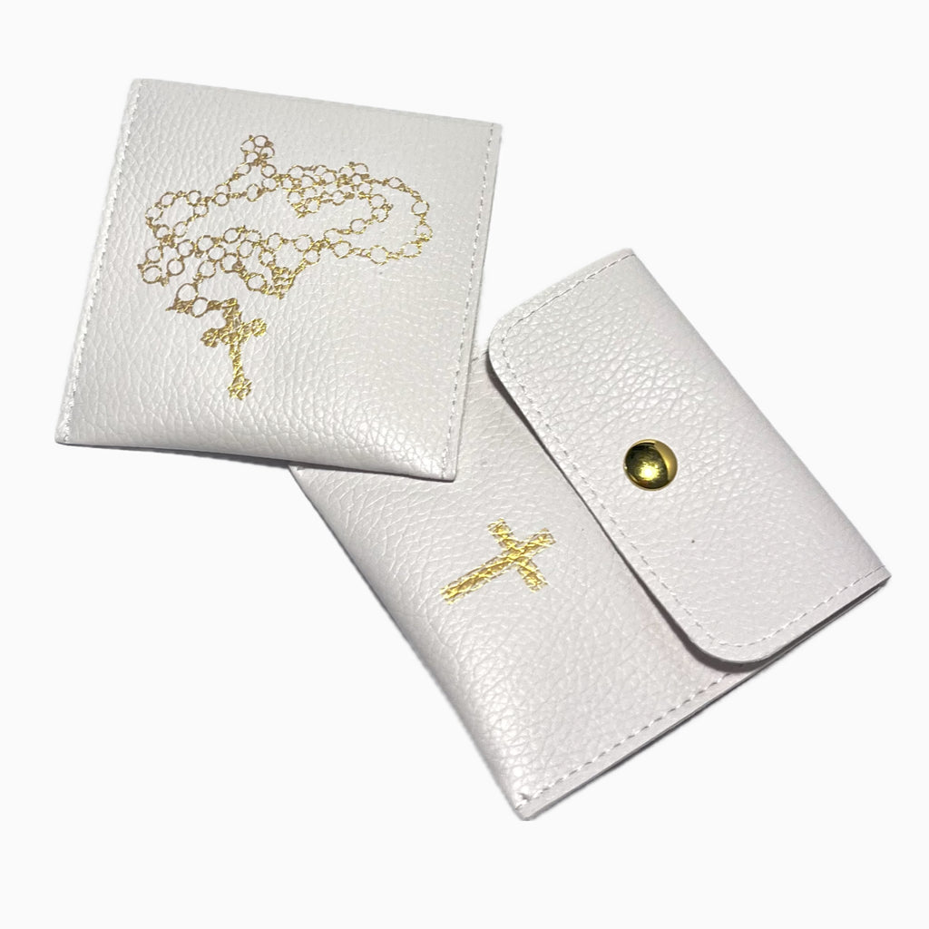 white square leather pouch with gold rosary bead print on the front and a gold cross print on the back