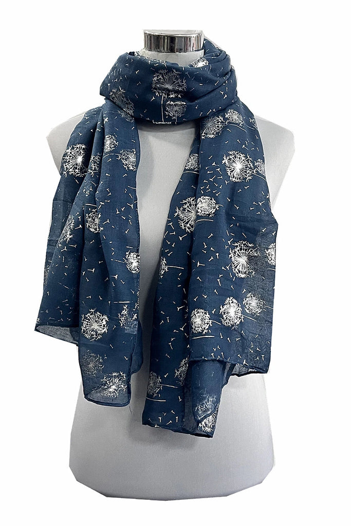 Navy blue scarf with white floral pattern on a mannequin against a white background